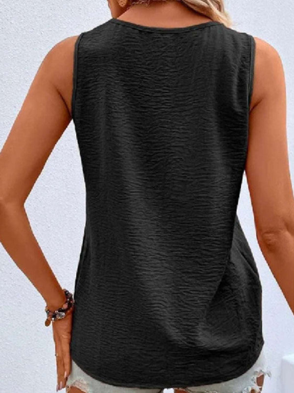 Full Size Decorative Button V-Neck Tank, black polyester, sleeveless, back view.