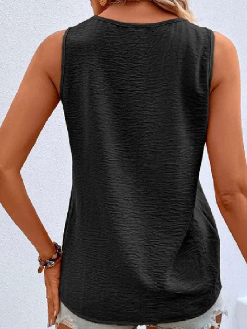 Full Size Decorative Button V-Neck Tank, black polyester, sleeveless, back view.