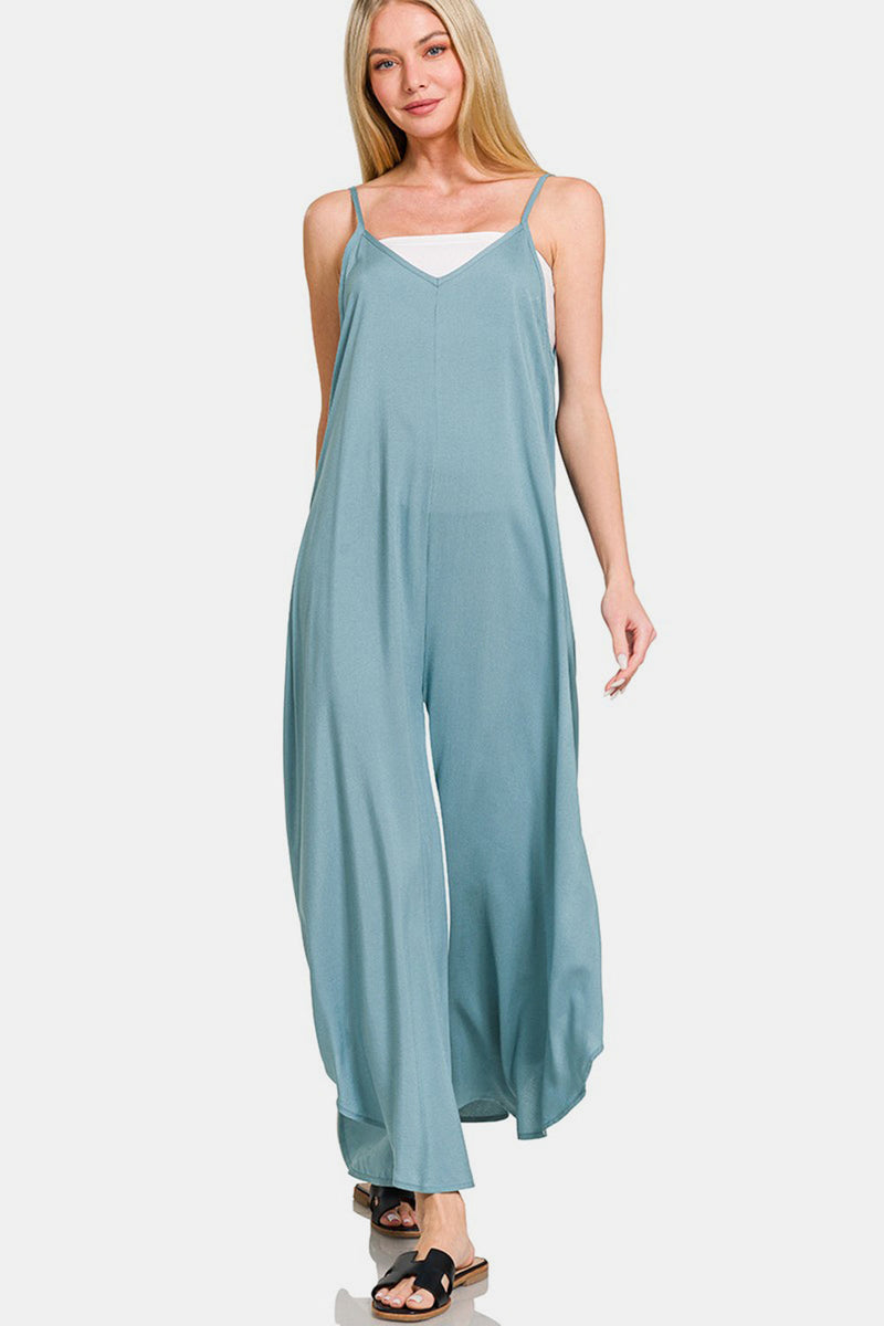 Zenana spaghetti strap wide leg overalls with pockets, blue, trendy and chic fashion.