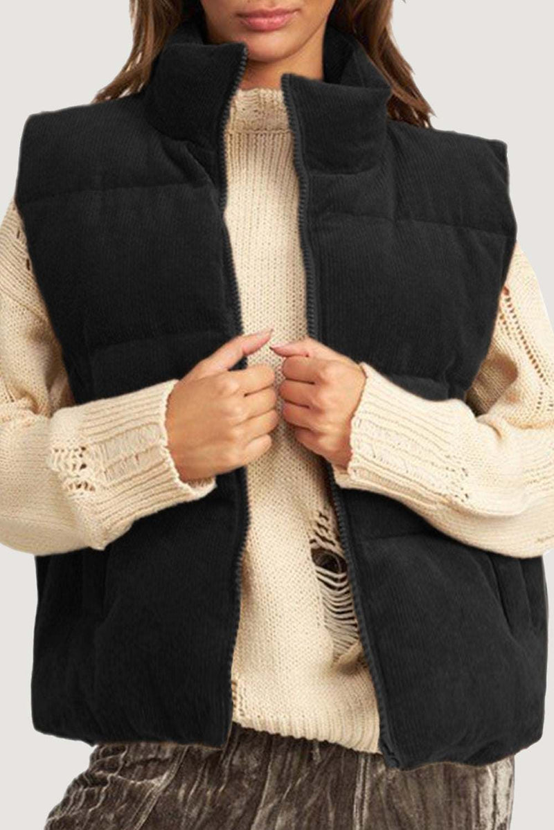 Coffee Corduroy Stand Neck Zipped Puffer Vest with side pockets and stand neck design