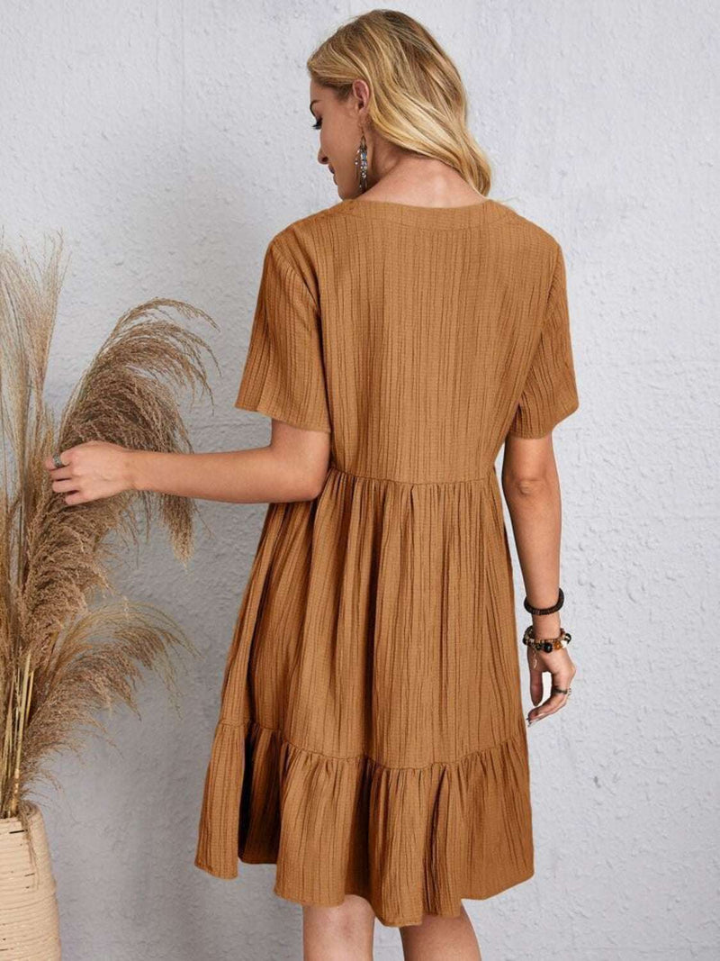 Full size V-neck short sleeve dress in brown polyester fabric with basic style.
