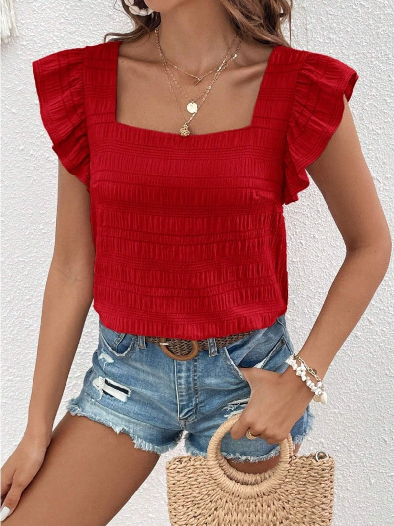 Ruffled square neck cap sleeve blouse in red.