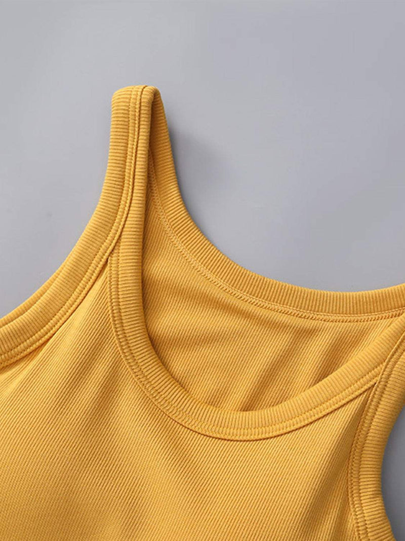 Yellow round neck tank with built-in bra, moderate stretch, and viscose-spandex blend.