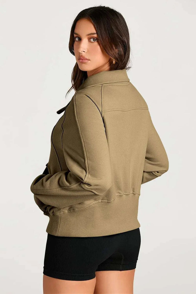 Half Zip Long Sleeve Sweatshirt in olive green, showcasing back view with stylish and comfortable fit.