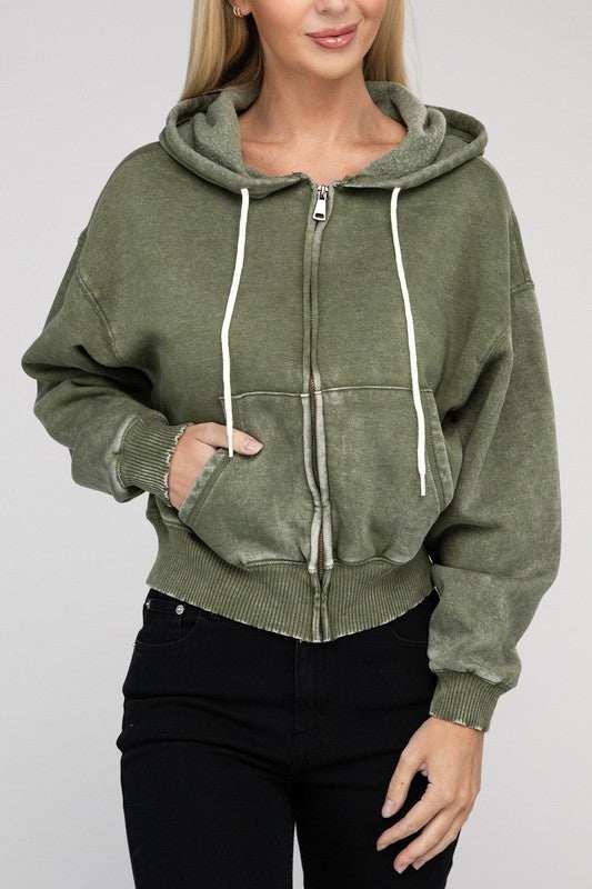 Acid Wash Fleece Cropped Zip-Up Hoodie with drawstring hood and pockets.