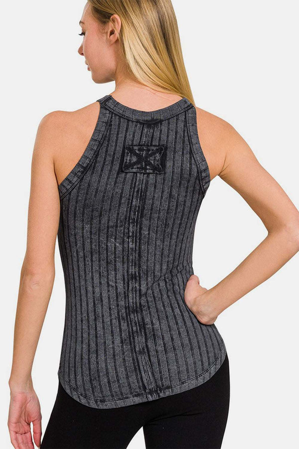 Zenana Ribbed Grecian Neck Tank in black with ribbed texture and Grecian-inspired neckline, back view.