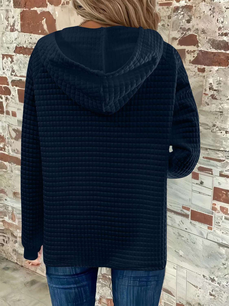 Full size texture button detail drawstring long sleeve hoodie in navy blue, back view.