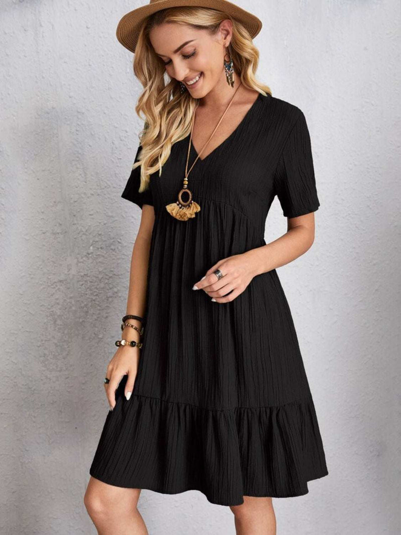 Full Size V-Neck Short Sleeve Dress in black, basic style, 100% polyester.