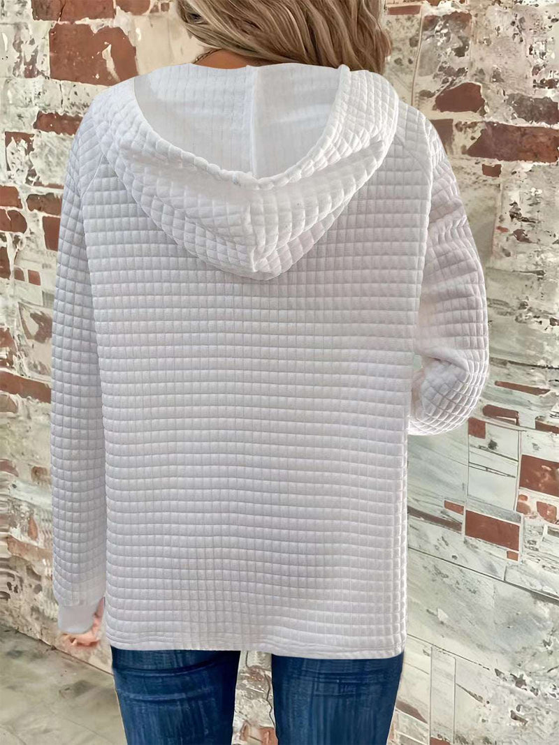 Full size white textured button detail drawstring hoodie with long sleeves.