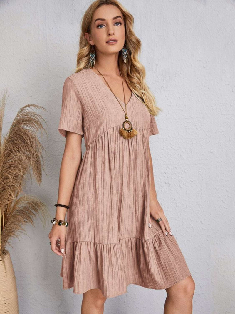 Full size V-neck short sleeve dress in light brown, 100% polyester, opaque, no stretch.