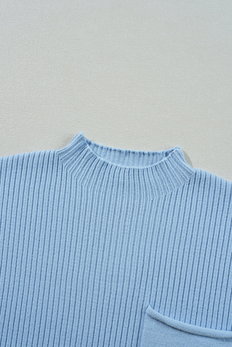 Oatmeal Patch Pocket Ribbed Knit Short Sleeve Sweater