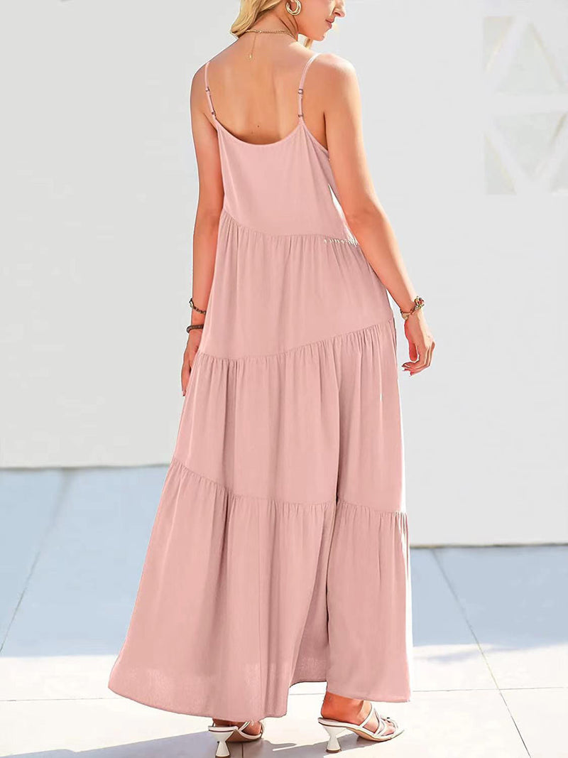 Full size ruched tiered dress with spaghetti straps in light pink, back view.