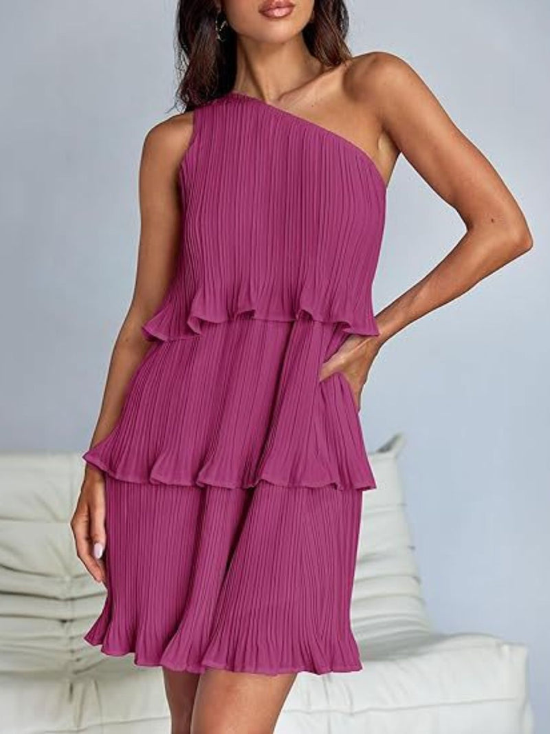 Layered single shoulder mini dress with ruffled design in purple.