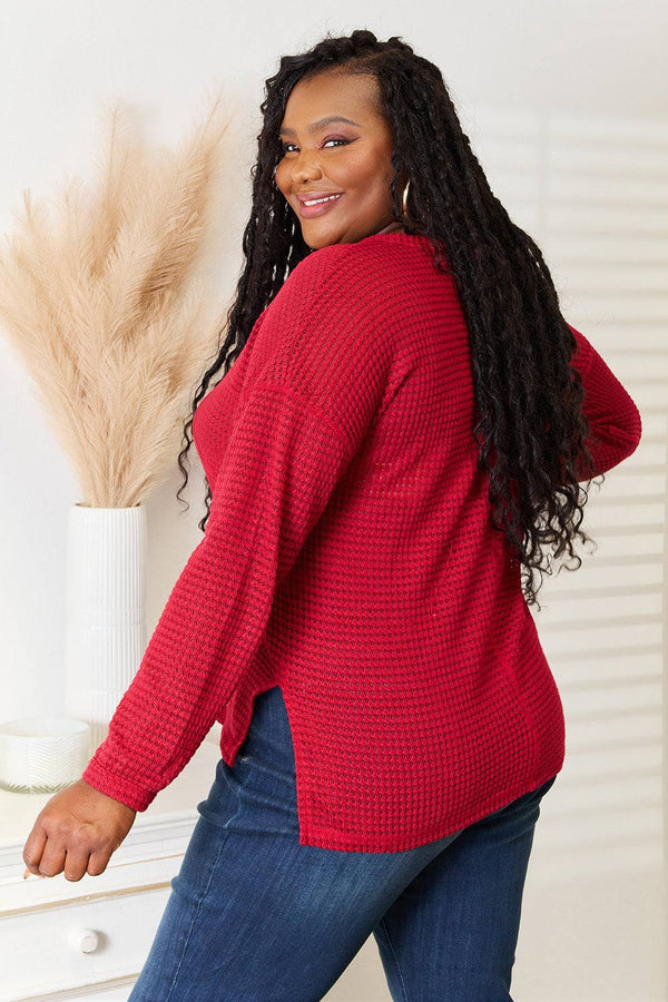 Culture Code Full Size Wide Notch Relax Top in red, waffle-knit texture, worn by model.