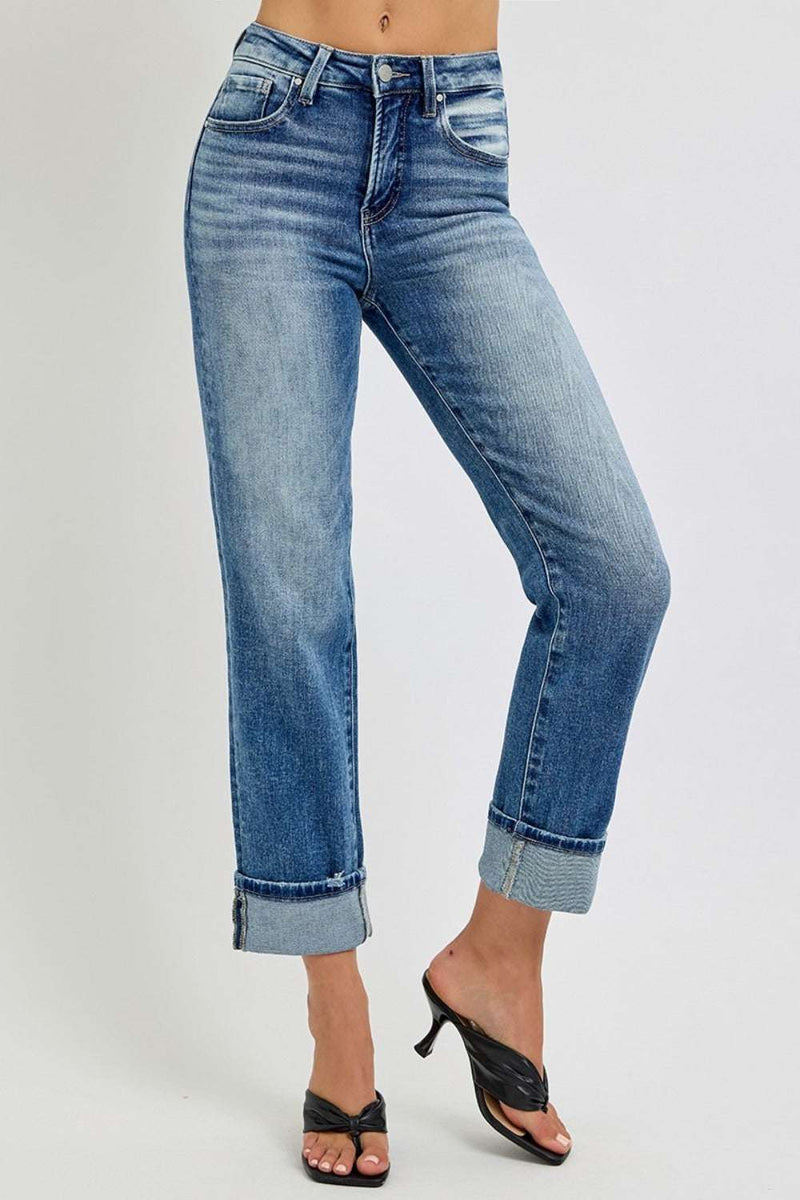 RISEN Full Size High Rise Crop Straight Roll Up Jeans on model, showing off trendy cropped design.