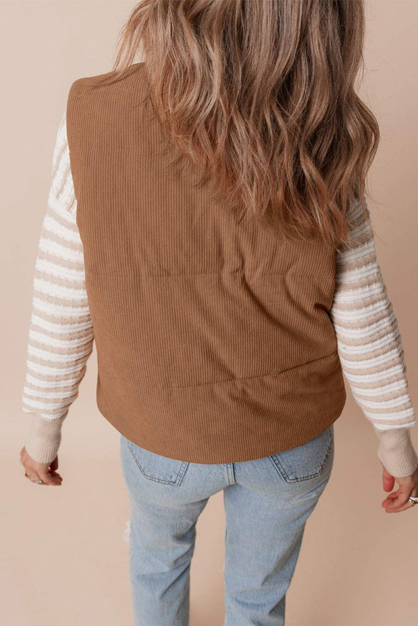 Coffee Corduroy Stand Neck Zipped Puffer Vest in rich brown fabric, featuring a stand neck design and functional side pockets, perfect for winter warmth and style.