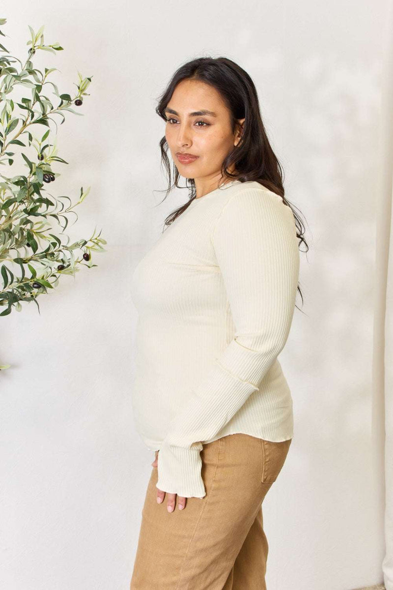 Culture Code Full Size Ribbed Round Neck Long Sleeve Top on woman, flattering crew neckline, elongated sleeves.