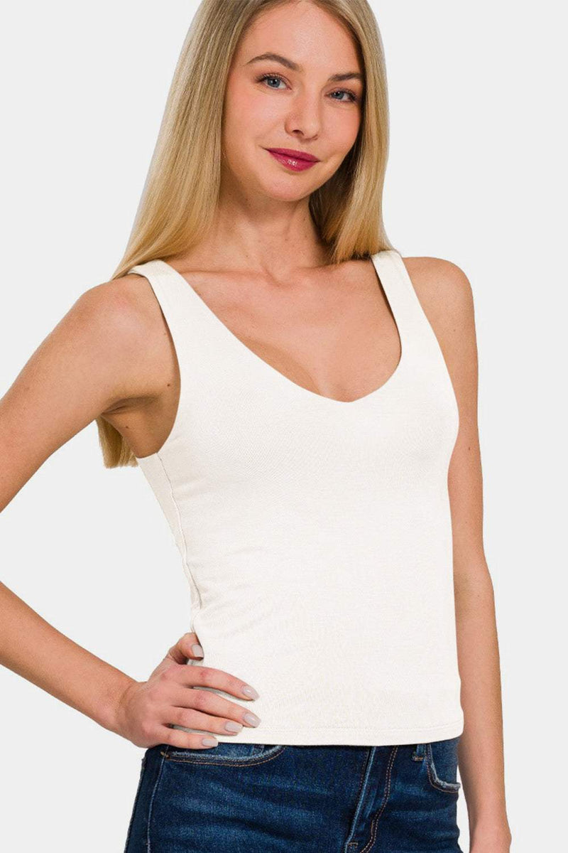 Zenana Double Layer V Neck Tank in cream shown on a model.