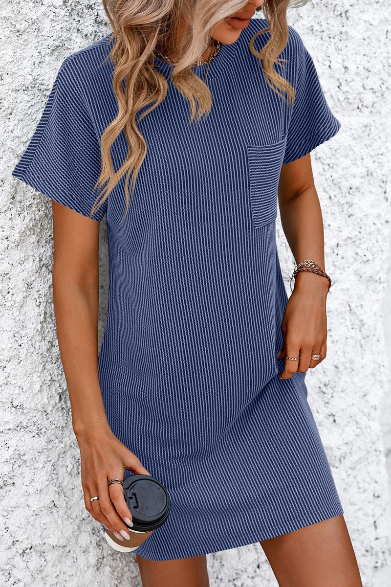 Mandy ribbed striped short sleeve mini tee dress with pocket, blue color.
