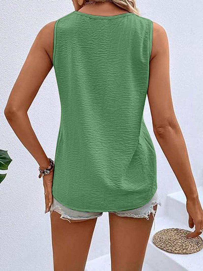 Full Size Decorative Button V-Neck Tank, polyester material, opaque, green color, sleeveless casual top.
