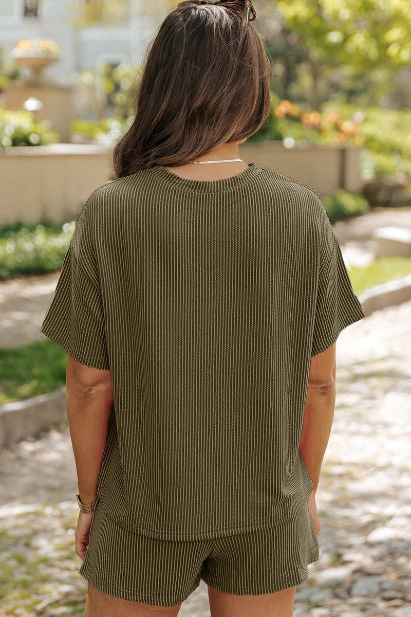 Round neck dropped shoulder top and shorts set in olive green, basic style, slightly stretchy fabric.