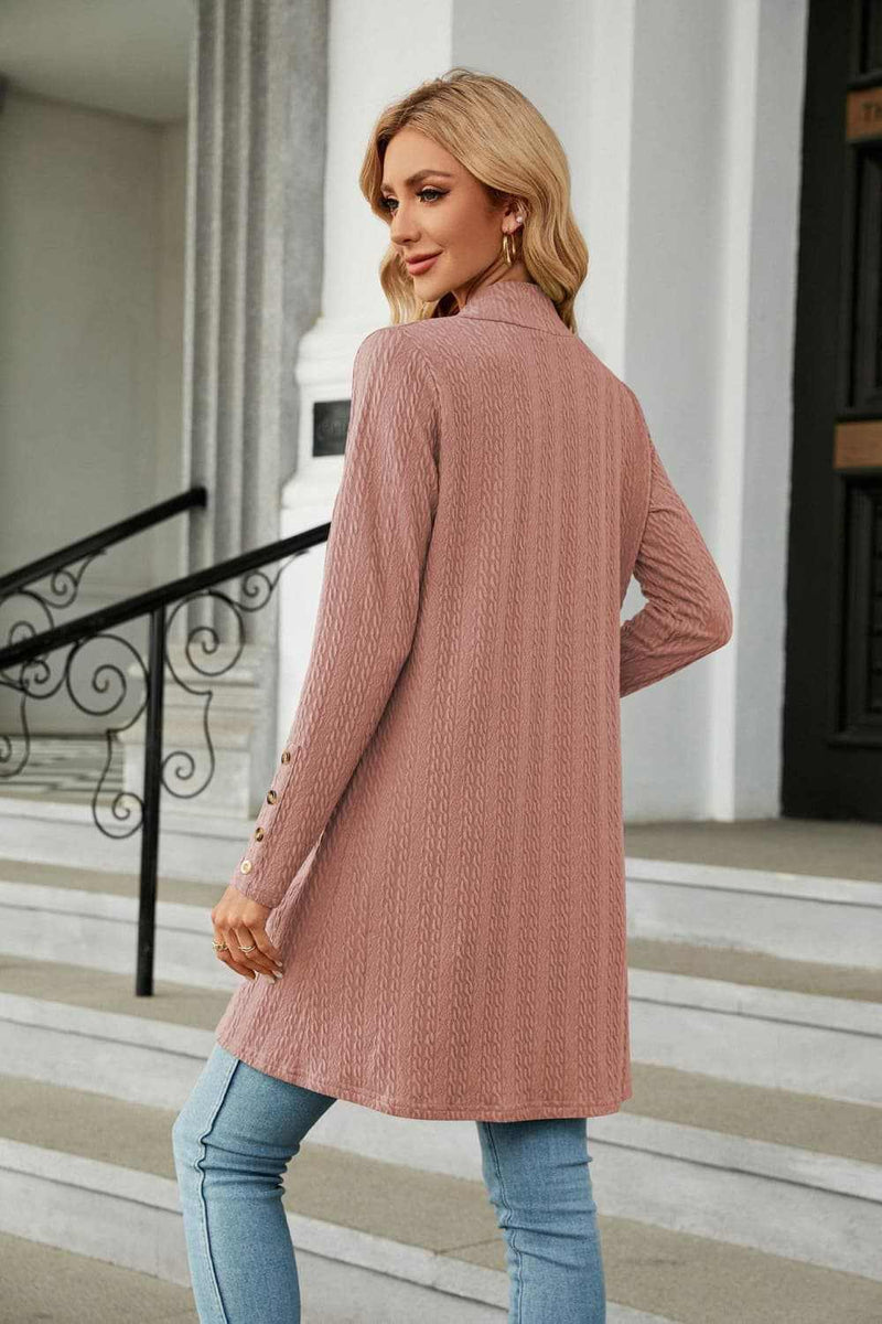 Long sleeve open front cardigan in solid color with regular sleeves and casual style.