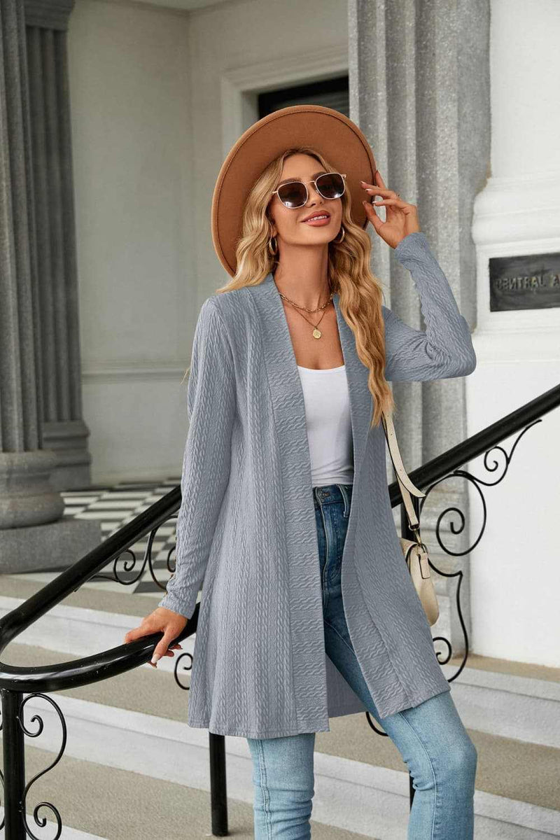 Casual solid long sleeve open front cardigan in light gray.