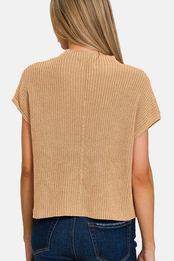 Zenana Mock Neck Short Sleeve Cropped Sweater in beige, features a cozy knit fabric and modern design.