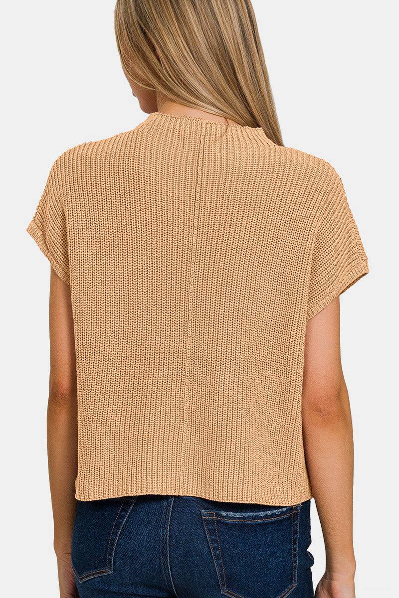 Zenana Mock Neck Short Sleeve Cropped Sweater in beige, features a cozy knit fabric and modern design.