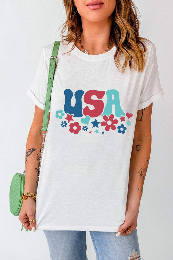 USA Round Neck Short Sleeve T-ShirtFeatures: Basic style
Sheer: Opaque
Stretch: No stretch
Material composition: 62% polyester, 32% cotton, 6% elastane
Care instructions: Machine wash cold. Tumble dryAll TopsTrendsiKlondike Creek Unique BoutiqueUSA Round Neck Short Sleeve