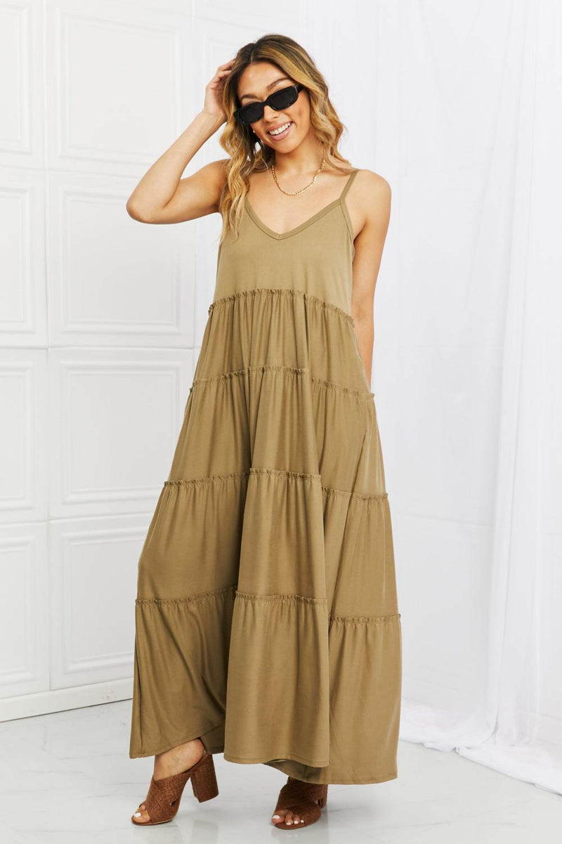 Zenana full-size khaki spaghetti strap tiered dress with pockets, casual chic style.