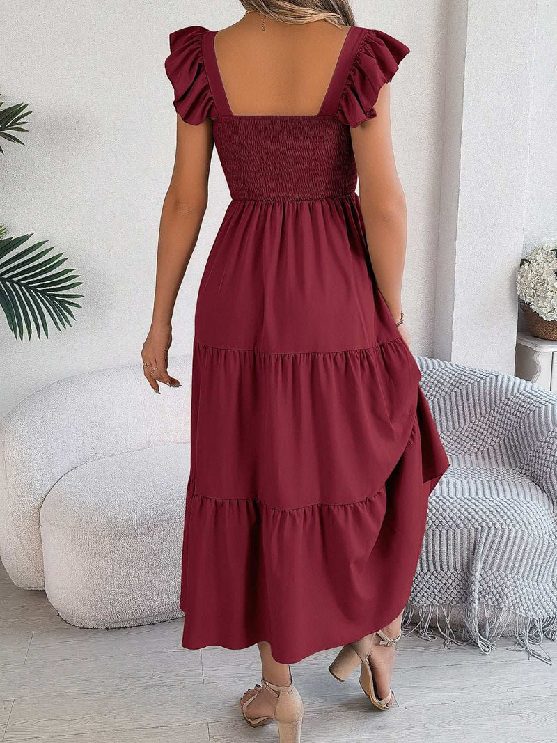 Smocked square neck cap sleeve midi dress in burgundy, rear view.