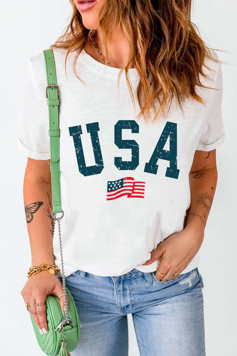 USA Round Neck Short Sleeve T-ShirtFeatures: Basic style
Sheer: Opaque
Stretch: Slightly stretchy
Material composition: 62% polyester, 32% cotton, 6% elastane
Care instructions: Machine wash cold. TumAll TopsTrendsiKlondike Creek Unique BoutiqueUSA Round Neck Short Sleeve