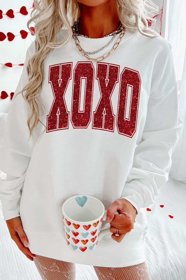 Valentine's Day XOXO glitter round neck sweatshirt, white, casual style.
