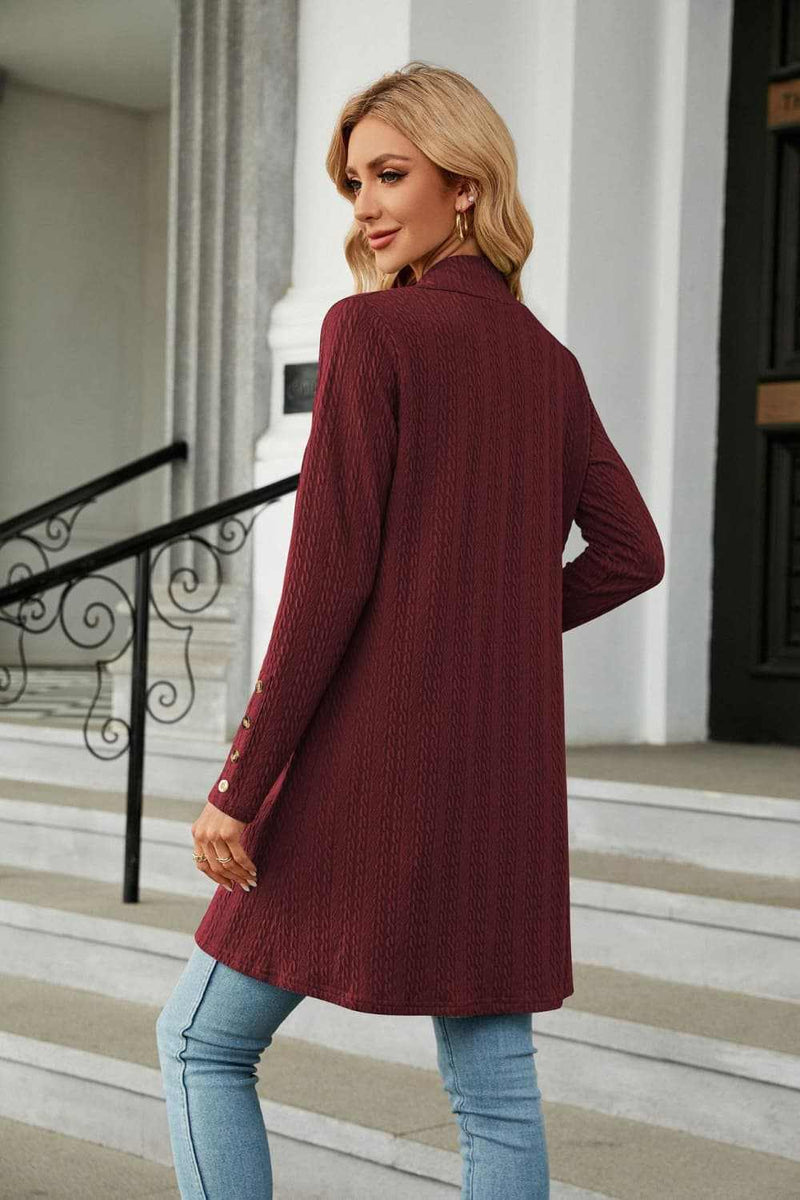 Long sleeve open front cardigan in solid color, casual style, long length.