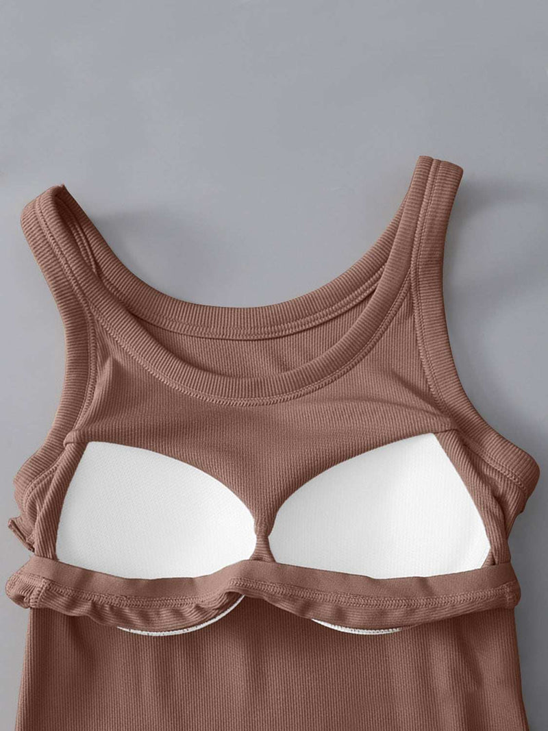 Round neck tank with built-in bra, moderate stretch, viscose-spandex blend.