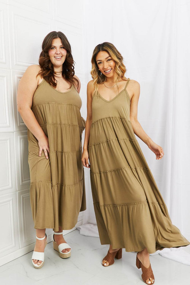 Zenana khaki tiered maxi dress with spaghetti straps and pockets.