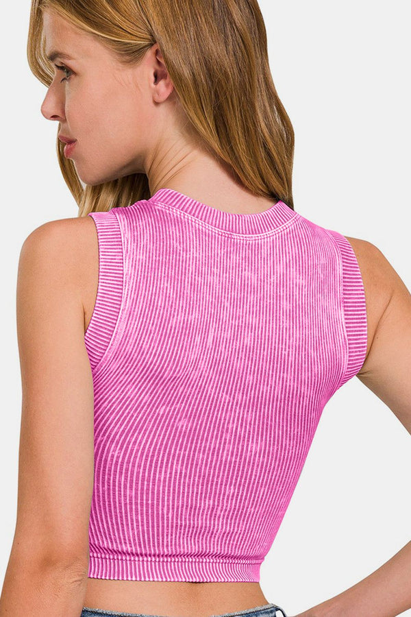 Zenana Washed Ribbed Seamless Crop Tank with Bra Pad in pink, featuring a ribbed texture and a flattering fit.