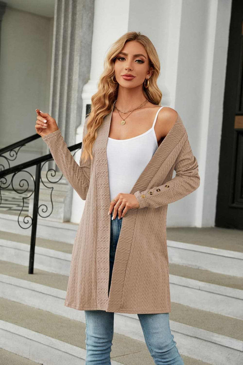 Long sleeve open front cardigan in solid color, casual style, slightly stretchy fabric.