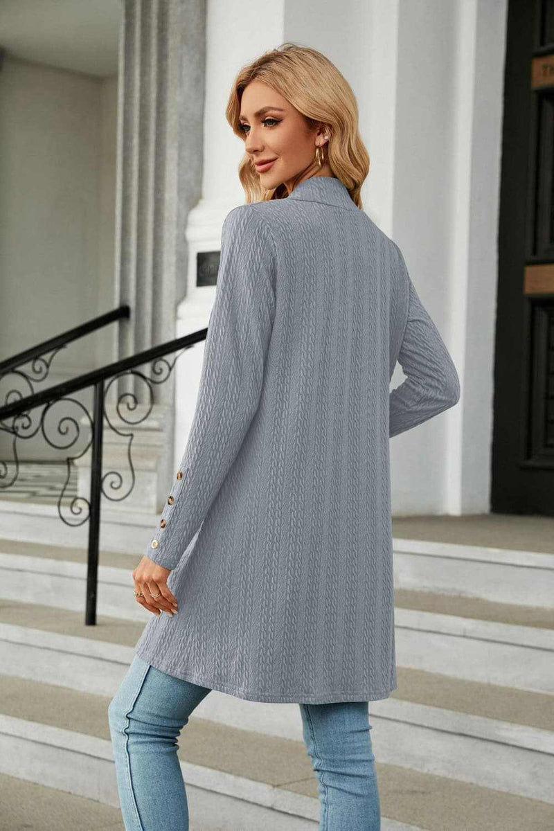 Casual long sleeve open front cardigan in solid gray with regular sleeves.