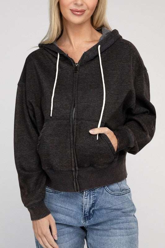 Acid wash fleece cropped zip-up hoodie with drawstring hood and pockets.