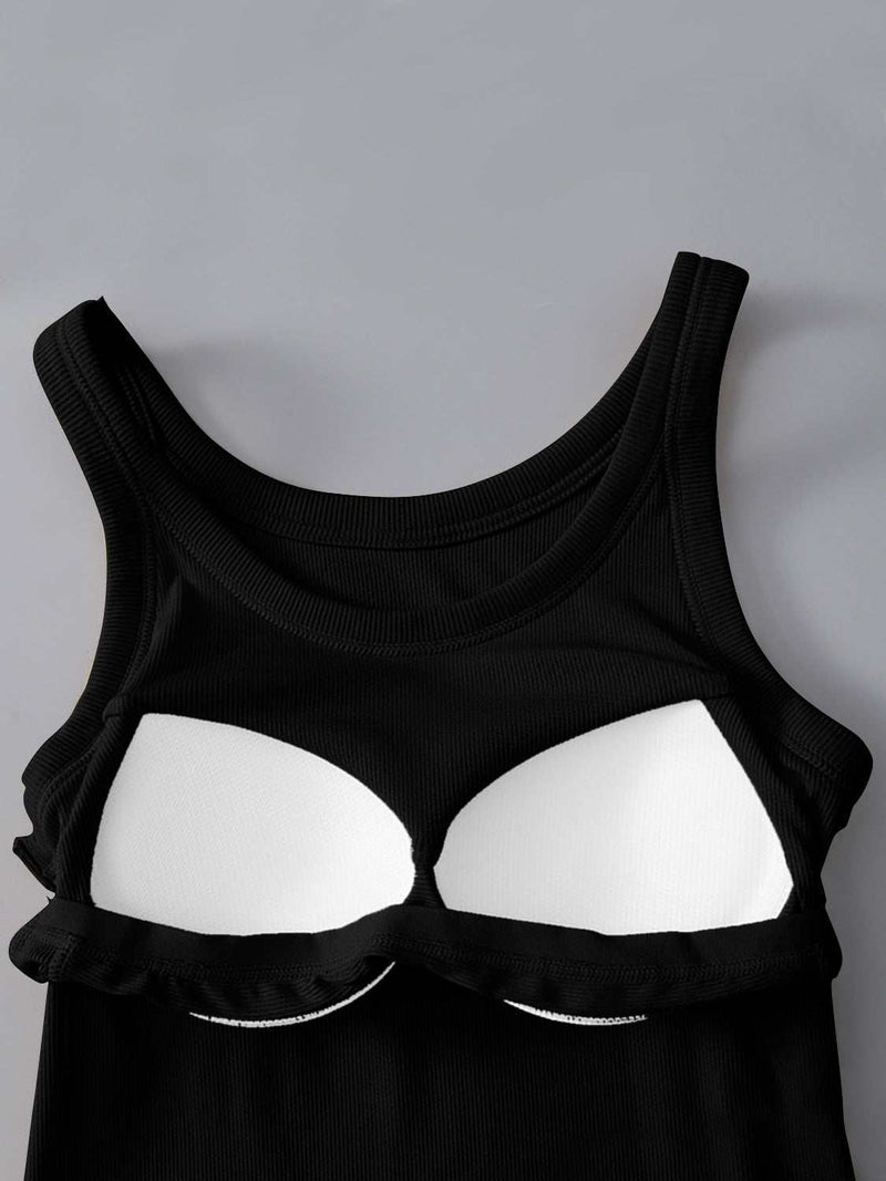 Round neck tank with built-in bra, black, moderate stretch, viscose-spandex blend.