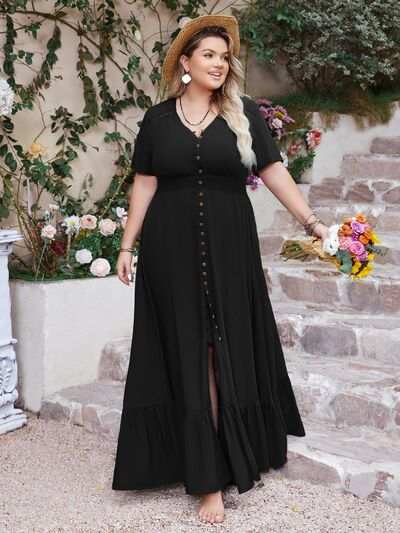 Plus size black ruffled hem button down V-neck maxi dress with short sleeves.