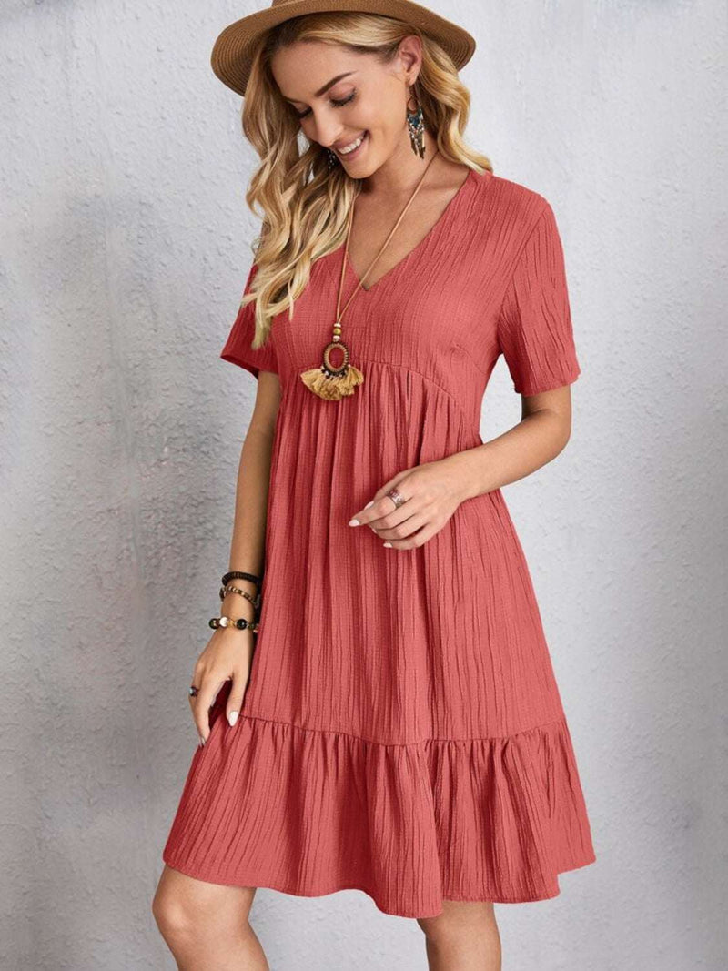 Full size V-neck short sleeve dress in coral color, basic style, 100% polyester, no stretch, opaque.