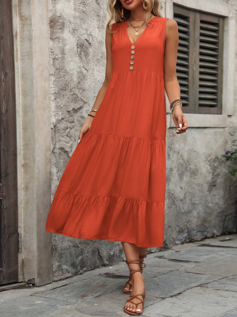 Ivy Lane decorative button notched sleeveless dress in orange, 100% cotton, ankle-length.