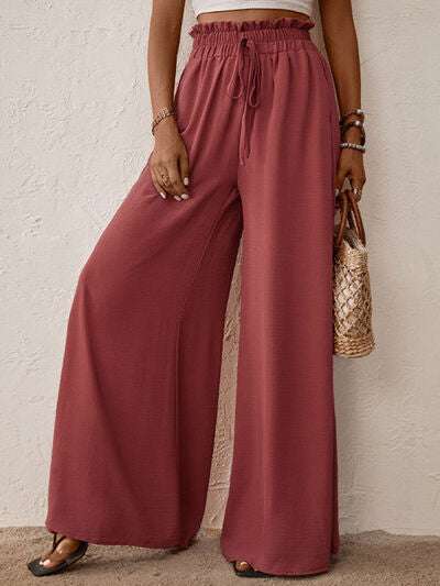 Perfee Frill Tied Wide Leg Pants in maroon, featuring a tied waist and wide leg design.