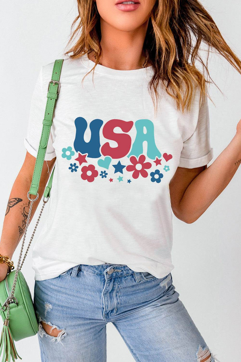 USA Round Neck Short Sleeve T-ShirtFeatures: Basic style
Sheer: Opaque
Stretch: No stretch
Material composition: 62% polyester, 32% cotton, 6% elastane
Care instructions: Machine wash cold. Tumble dryAll TopsTrendsiKlondike Creek Unique BoutiqueUSA Round Neck Short Sleeve