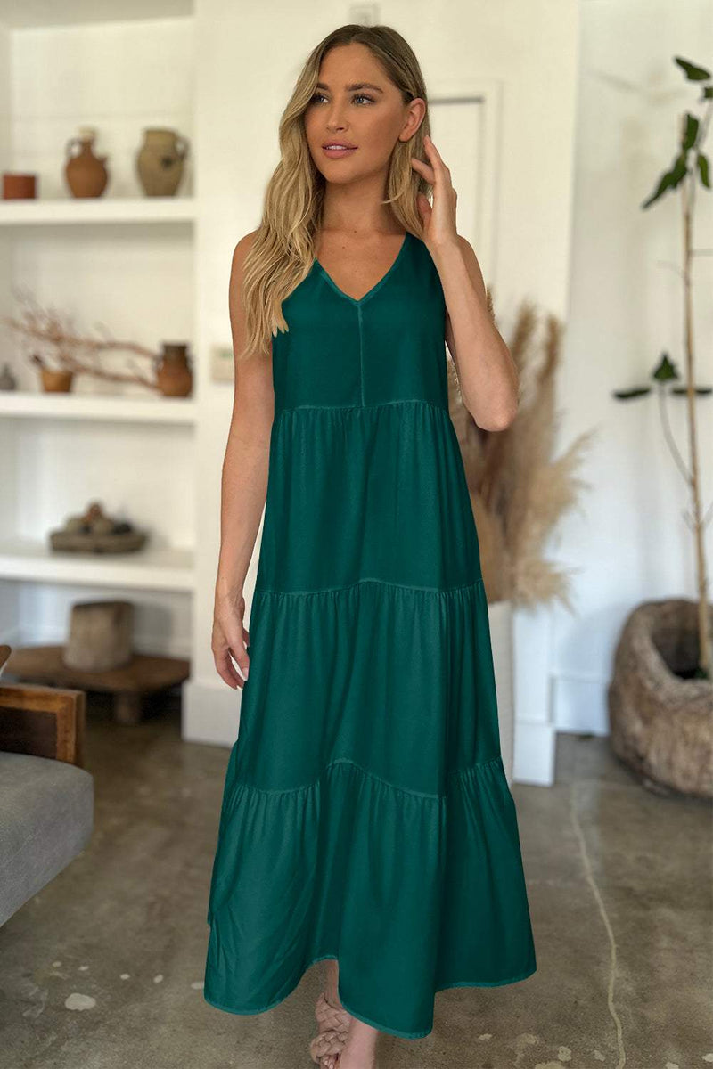 FAM-FAM V-Neck Sleeveless Midi Tiered Dress in green, basic style, slightly stretchy polyester-spandex blend.
