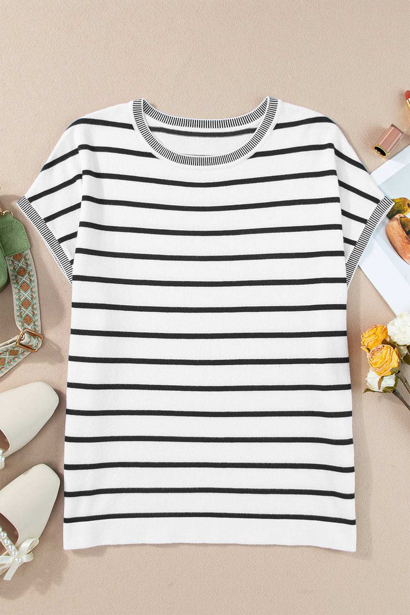 Striped round neck cap sleeve knit top in black and white with basic style design.