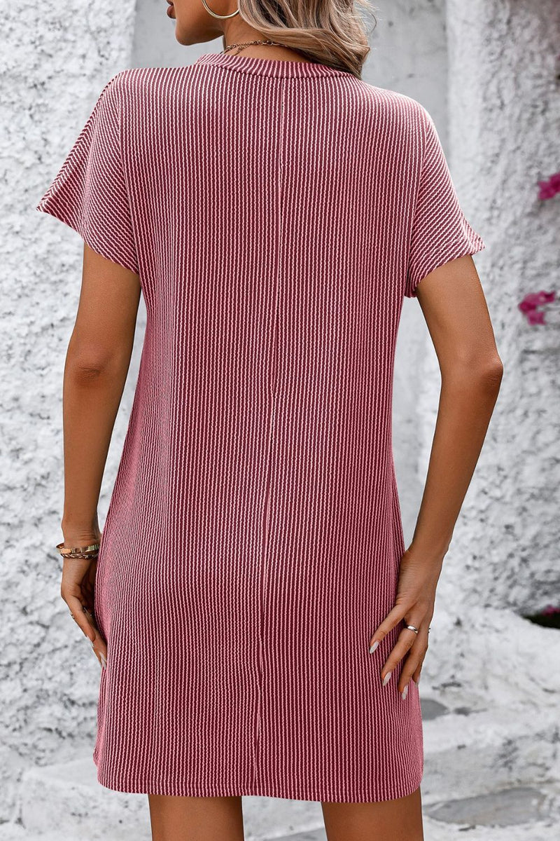Mandy ribbed striped short sleeve mini tee dress in pink, back view.
